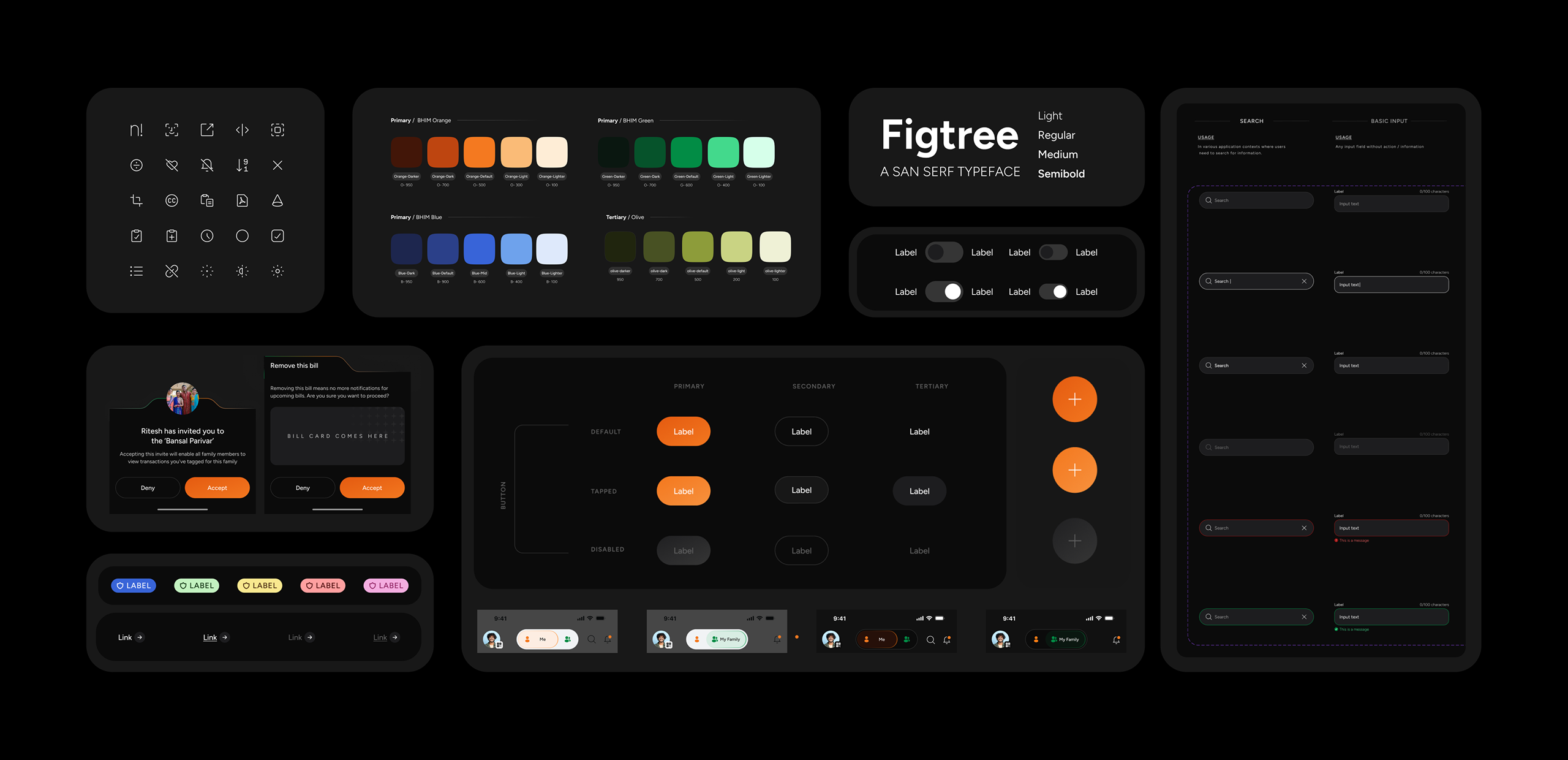 High-fidelity mockup of BHIM app – design system overview showing typography, iconography and colour palette.