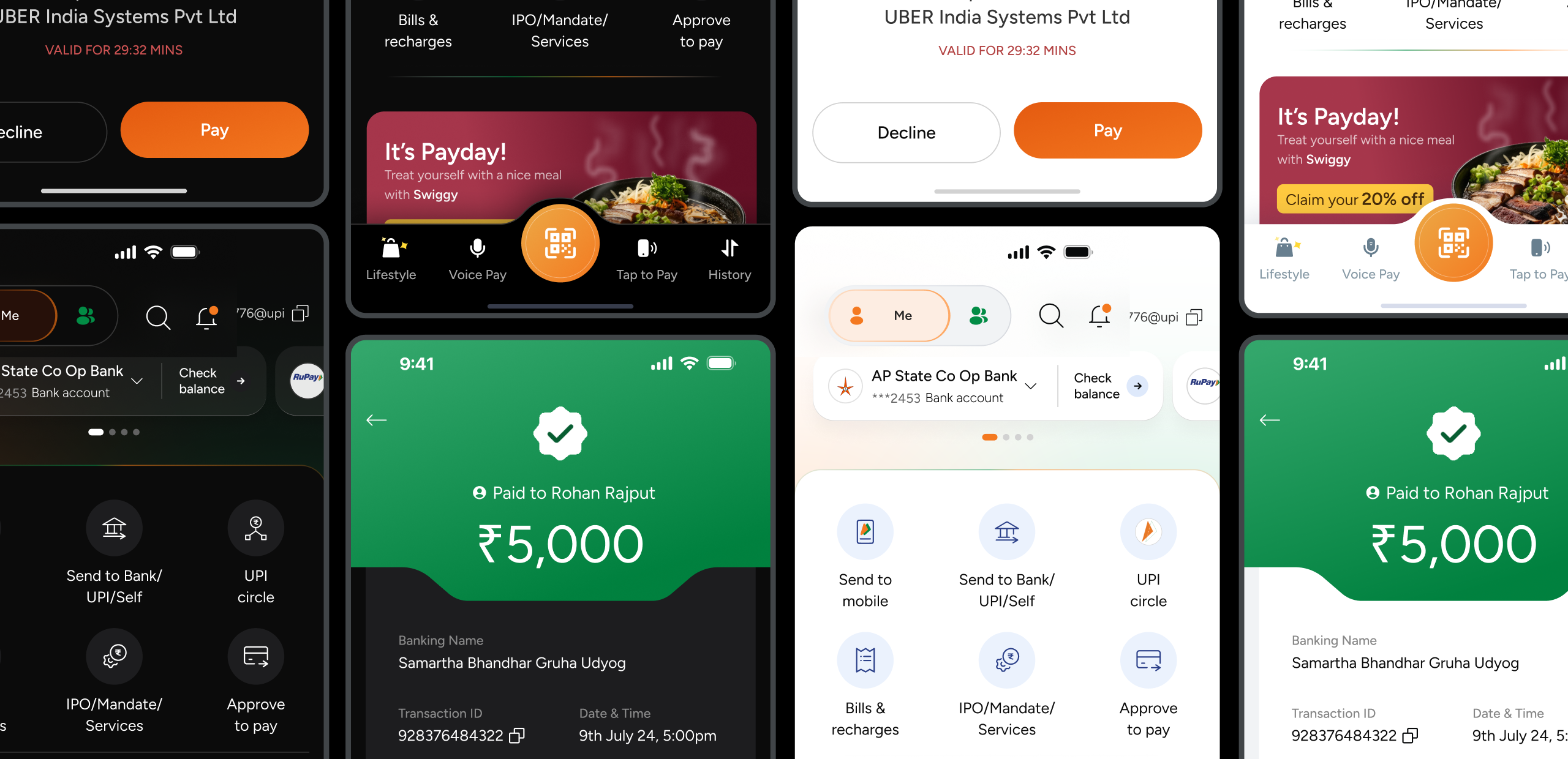 Collection of several screens from the BHIM app redesign displaying the refined visual language: clean typography, custom icons, brand colours.